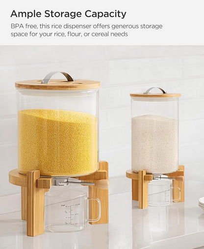 HBlife Glass Rice Dispenser with Wooden Stand Flour and Cereal Container with Glass Measuring Cup Pantry Food Organization Storage Bin with Airtight Bamboo Lid, 3L+5L