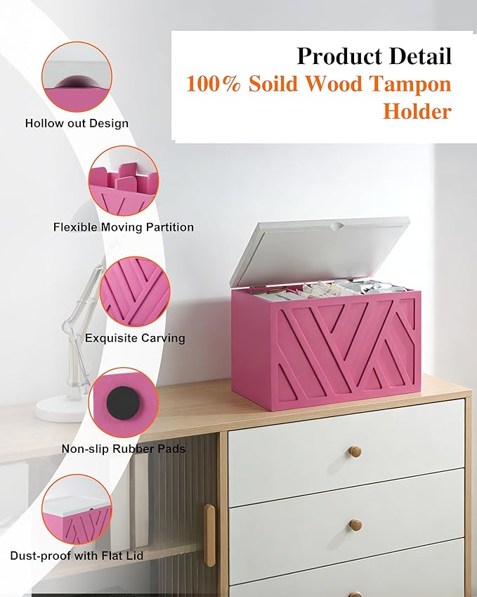 Tampon Holder for Bathroom Decor Feminine Product Organizer With Lid Shark Week Box Wooden Pad Girl Stuff Box (BLACK, lid) (1, PINK)