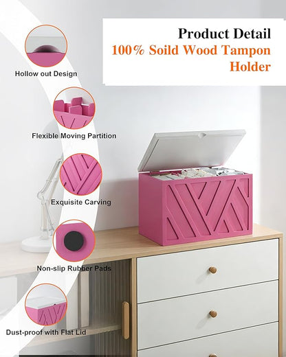 Tampon Holder for Bathroom Decor Feminine Product Organizer With Lid Shark Week Box Wooden Pad Girl Stuff Box (BLACK, lid) (1, PINK)