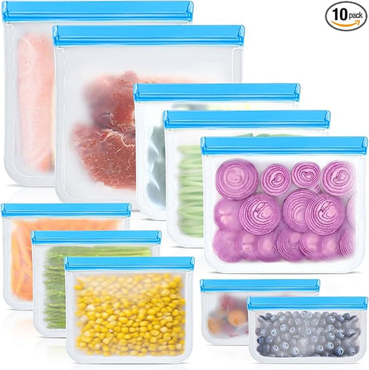 Reusable Silicone Food Storage Bags, 10 Pack 4 Size Leak proof Dishwasher Safe Reusable Freezer Bags for Food Storage Containers, Lunch Bag for Sandwich, Marinate Meat, Fruit