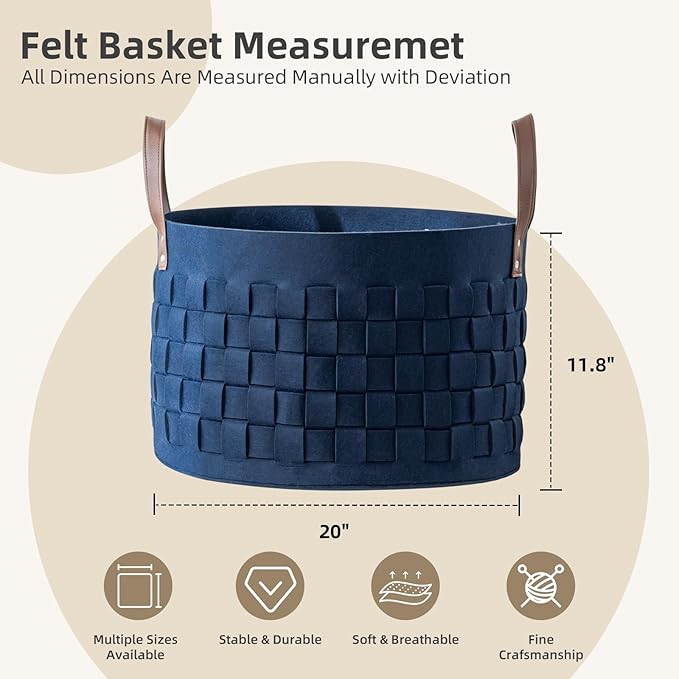 BOLDMONKEY Laundry Basket 20" x20 " x11.8 ",Extra Large Round Blanket Basket with Leather Handle, Felt Storage Basket for Living Room, Nursery, Dog Toys-Navy Blue