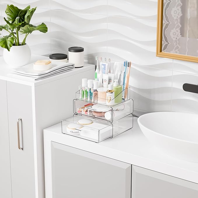Yieach 3 Tier Clear Acrylic Makeup Organizers with Drawers,Tiered Countertop Make up Storage Organizer for Dresser Top and Bathroom Vanity,Plastic Makeup Stand for Brush,Skincare,Beauty Organizers