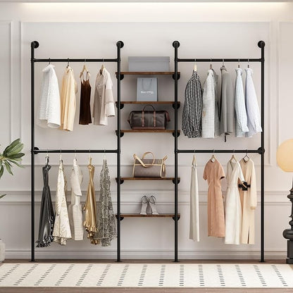 Industrial Pipe Clothing Racks with 5 Shelves, Wall Mounted Clothes Rack for Hanging Clothes, Black Wall Clothing Rack, Heavy Duty Clothes Rack for Walk in Closet, Laundry Room