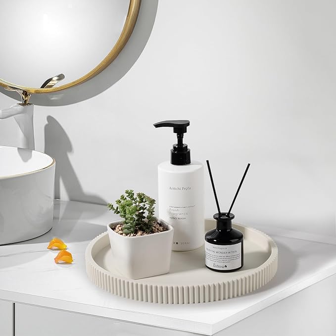 Silicone Bathroom Tray Round Kitchen Counter Organizer Decorative Vanity Accessories Coffee Table Decor for Perfume, Candle, Soap Dish, 10 Inch, Beige