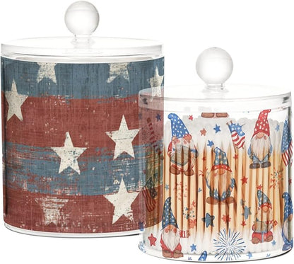 2 Pack Qtip Dispenser Apothecary Jars with Lids Cotton Round Holder Bathroom Canisters for Cotton Swab Floss Ball Pads Clear Plastic Decorative July 4th Stars Gnomes