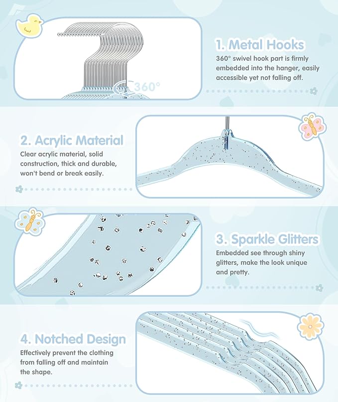 VIS'V Baby Hangers, 11 Inch Acrylic Kids Glitter Hangers for Infant Toddler Nursery Closet Clothes Organization, Blue, 30 Pcs