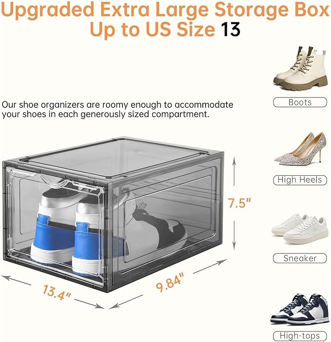 Clemate Upgraded X-Large Shoe Storage Box,12 Pack,Shoe Box Clear Plastic Stackable,Drop Front Shoe Box with Clear Door,Shoe Organizer Containers For Sneaker Display,Fit up to US Size12, Ashy