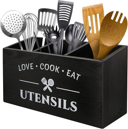 MINCORD Kitchen Utensil Holder with 3 Compartments, Rustic Wooden Storage Organizer Box Vintage Cutlery Farmhouse Flatware Utensil Caddy Countertop for Silverware Fork Spoon Spatula