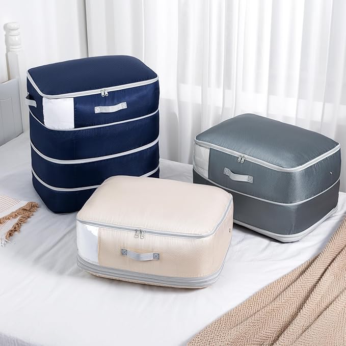 Comforter Storage Bag - 130L Large Capacity Blanket Storage Bags 4-Layer Ultra Space Saving Self Compression Organizer, Washable Compression Bags for Storage Comforter Blanket, 4-Pack, Beige