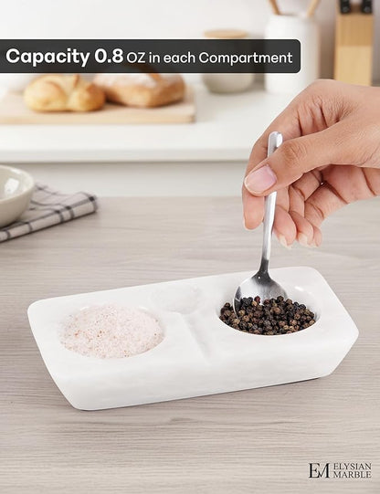 Marble Salt and Pepper Dish with Spoon, Handcrafted Double Spice Tray with 2 Compartments, Natural Stone Condiment Dish for Cooking Prep and Serving - White