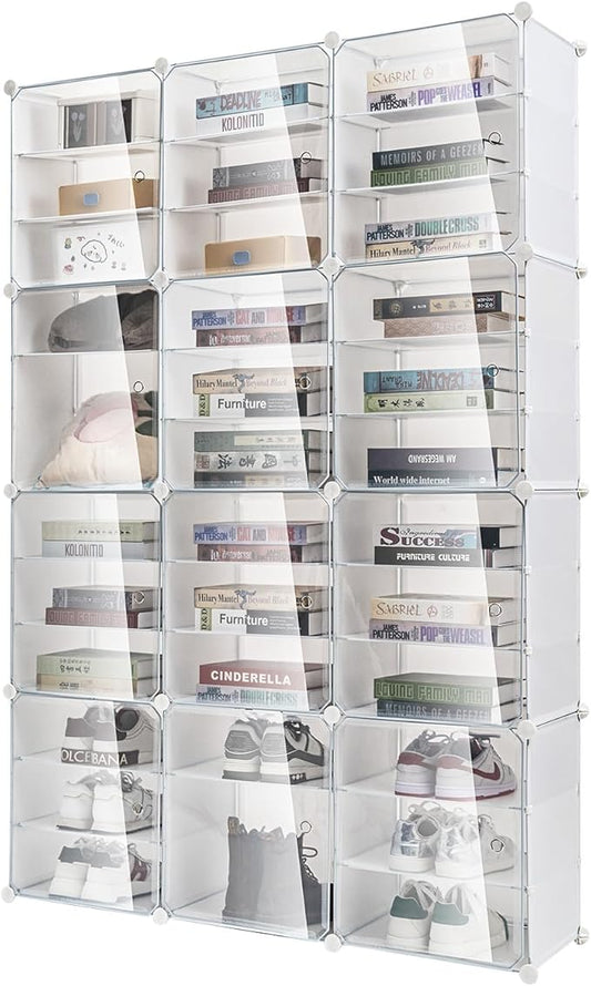 72 Pairs Shoes Organizer Cabinet, Shoe Container Storage Box, Shoe Rack Box Stackable Sneaker Display Box, 12 Tier Shoe Box Shoe Storage Bins Space Saving Sneaker Storage Box (clear)