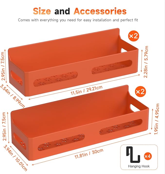 Sevenblue 4 Pack Strong Magnetic Spice Rack for Refrigerator, Multipurpose Magnetic Shelf for Fridge with 4 Hooks for kitchen and Bathroom Organization, Orange