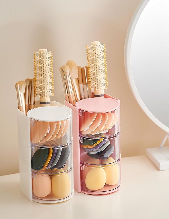 UFORU Hair Accessories Organizer with Hair Brush Holder, 3 Drawer Rotatable Hair Tie Organizer for Makeup Brushes, Hair Clips, Earrings, Necklaces, Bracelets and Hair Accessories, Pink, 3-Layer