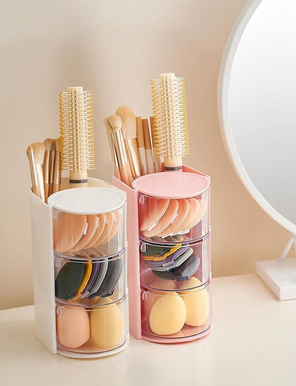 UFORU Hair Accessories Organizer with Hair Brush Holder, 3 Drawer Rotatable Hair Tie Organizer for Makeup Brushes, Hair Clips, Earrings, Necklaces, Bracelets and Hair Accessories, Pink, 3-Layer