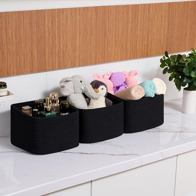 MiniArk Small Organizing Baskets for Cubes Shelf, 9.7x9.7x7.1 Inch Rope Woven Storage Bins for Nursery Shelves Storage, Cute Toy Basket, Square 3 Packs Black