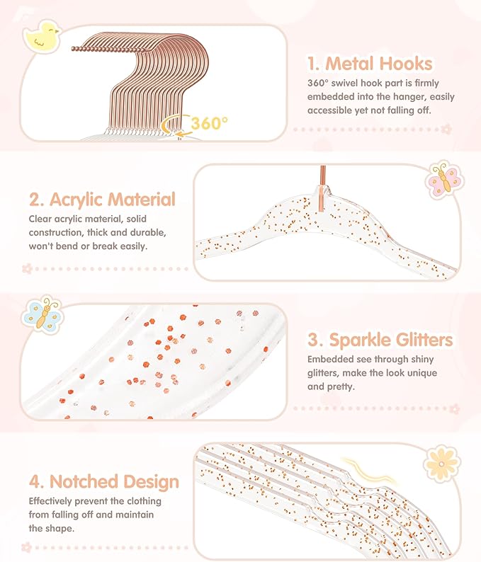 VIS'V Baby Hangers, 11 Inch Acrylic Kids Glitter Hangers for Infant Toddler Nursery Closet Clothes Organization, Pink, 30 Pcs