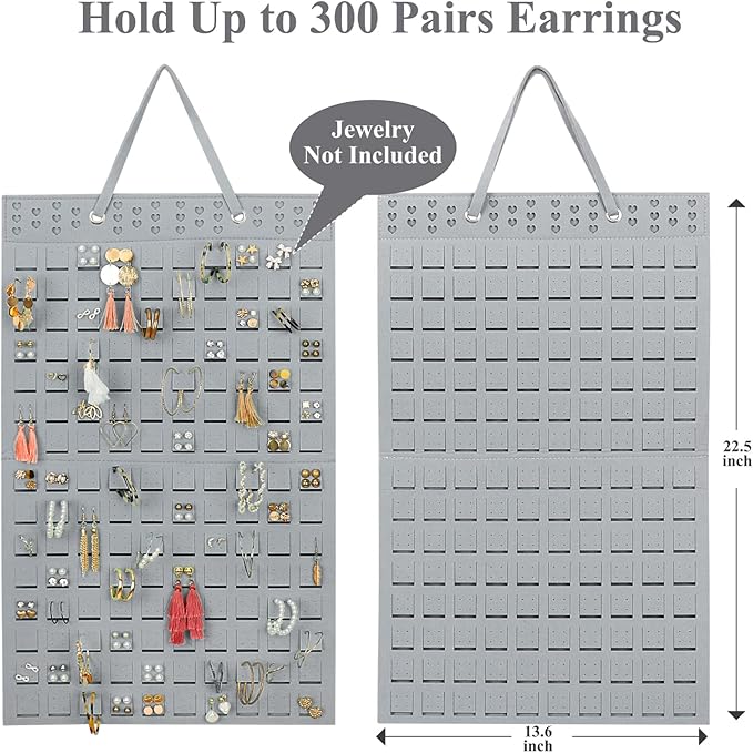 Resovo Hanging Earrings Organizer, Wall Earring Holder with 2 Hooks, Holds Up To 300 Pairs, Compact Design, Soft Material-Silber Grey