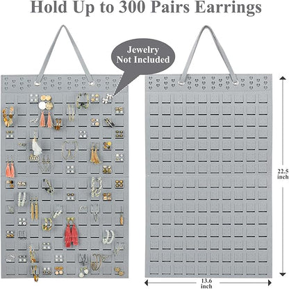 Resovo Hanging Earrings Organizer, Wall Earring Holder with 2 Hooks, Holds Up To 300 Pairs, Compact Design, Soft Material-Silber Grey