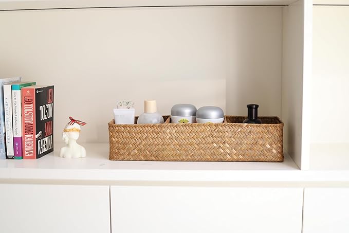 DOKOT Seagrass Toilet Tank Basket with 3 Section, Bathroom Toilet Paper Storage Baskets for Organizing (Natural)