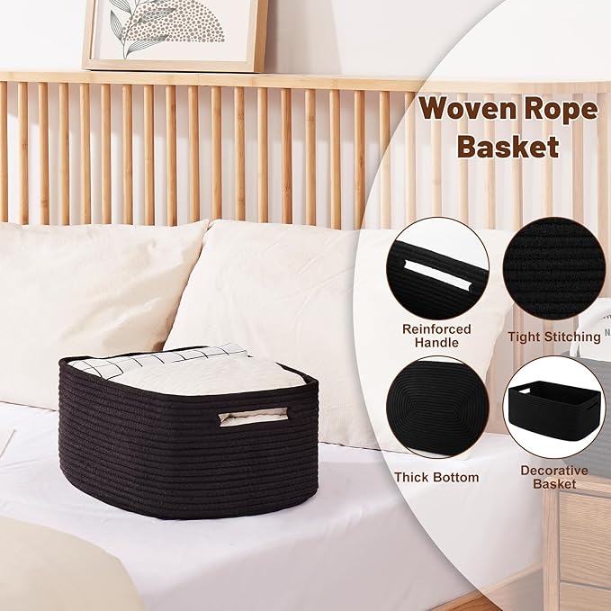OIAHOMY Storage Basket for Shelves, Closet Cube Storage Bins Baskets for Clothes Blanket Towels, Baby Nursery, Toy Baskets Box, Woven Rope Basket, 15.75 * 11.81 * 7.09 IN, 2 Packs Black