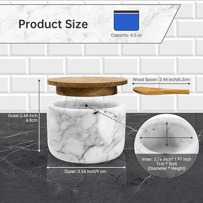 Salt and Pepper Bowl, Marble Salt Cellar and Spices Storage Container With Built-in Spoon and Acacia Wood Lid - 6.5oz Capacity (White)