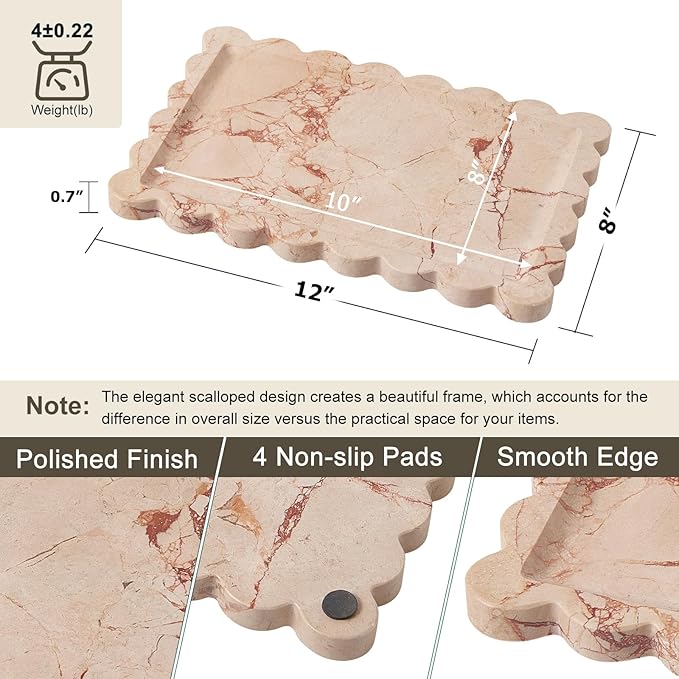Real Natural Scalloped Marble Tray for Bathroom, Vanity, Kitchen and Desktop, Decorative Stone Tray for Jewelry, Cosmetics, Candles, Lotion, Perfume and Home Décor (Pink, 12" x 8")