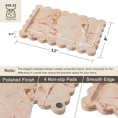 Real Natural Scalloped Marble Tray for Bathroom, Vanity, Kitchen and Desktop, Decorative Stone Tray for Jewelry, Cosmetics, Candles, Lotion, Perfume and Home Décor (Pink, 12" x 8")