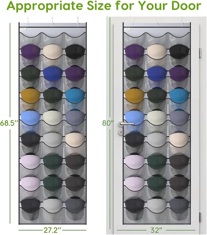 Baseball Hat Rack, 27 Pocket Over-The-Door Hat Organizer with Clear Deep Pockets to Display Baseball Caps Collection, Complete with 3 Over Door Hooks (Grey, 27 Pockets)