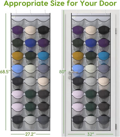 Baseball Hat Rack, 27 Pocket Over-The-Door Hat Organizer with Clear Deep Pockets to Display Baseball Caps Collection, Complete with 3 Over Door Hooks (Grey, 27 Pockets)