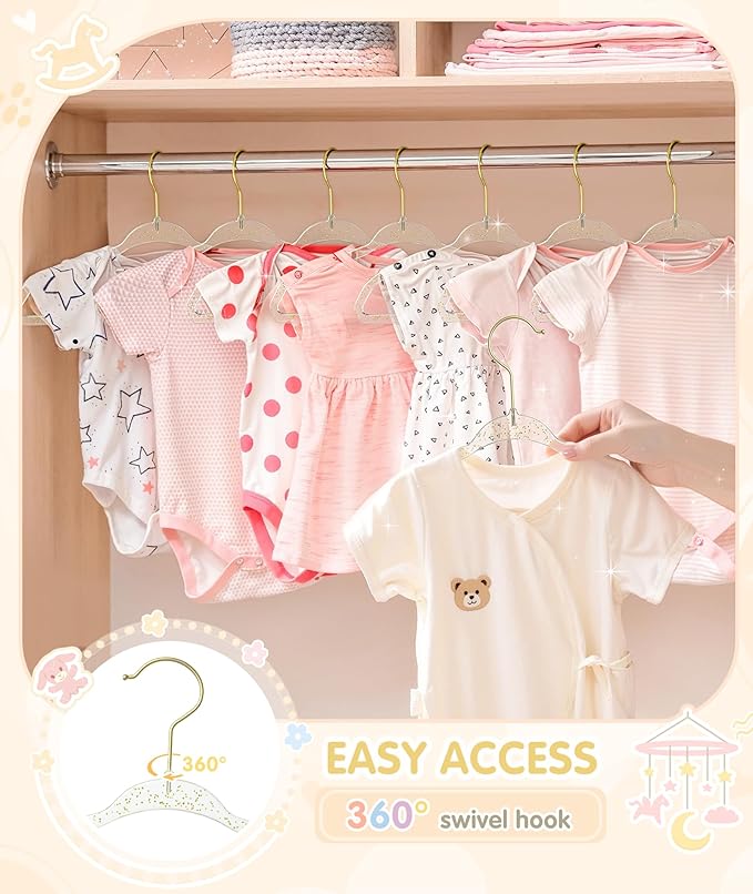 VIS'V Baby Hangers, 11 Inch Acrylic Kids Glitter Hangers for Infant Toddler Nursery Closet Clothes Organization, Gold, 30 Pcs