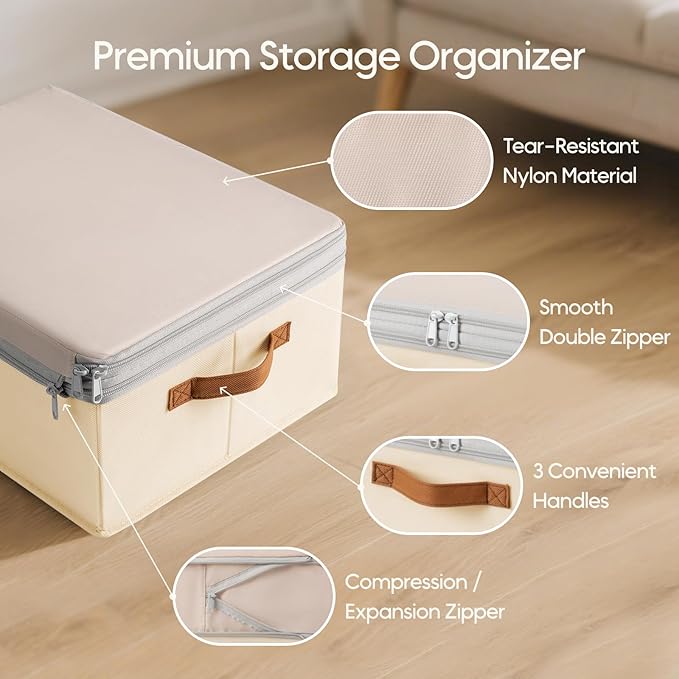 Homsorout Large Closet Storage Bins - Compression Organizer Bins, Stackable Closet Organizer, Expandable Under Bed Storage Containers for Clothes, Towels, Sheet, 2 Pack, Beige