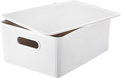 Decorative Plastic Basket Lidded Home Storage Bins Organizer Baskets, Large White (1 Pack - 15 Liter) Stackable Container Box, for Organizing Closet Storage Bins for Shelves - Ribbed Collection