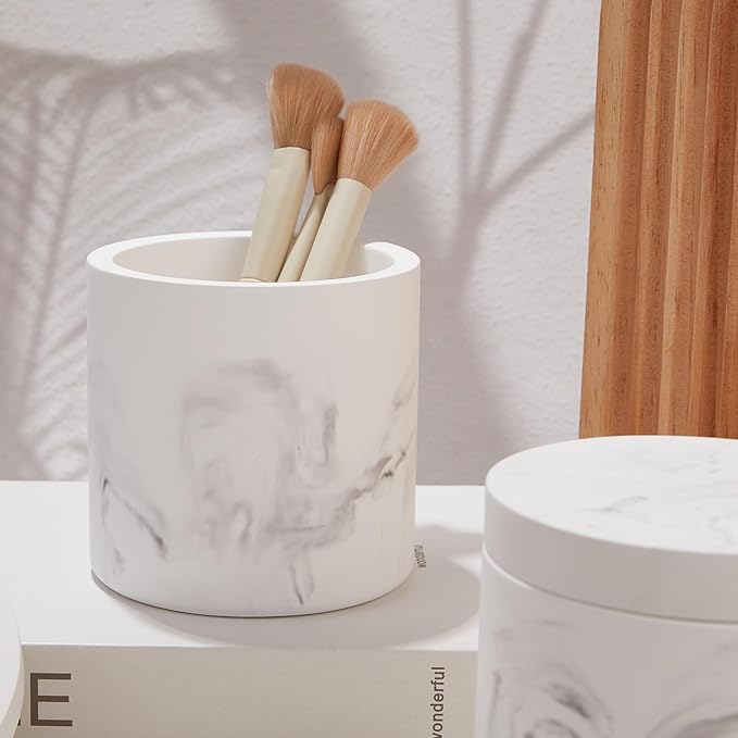 Qtip Holder Dispenser with Lid, Diatomaceous Earth Bathroom Canister for Cotton Swabs Balls Pads, Vanity Organizer Jar, Non-Slip Base