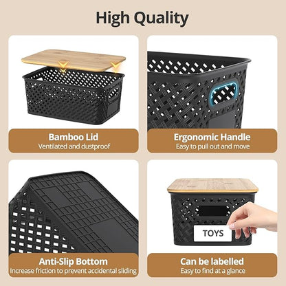 Plastic Storage Bins with Bamboo Lids, Stackable Small Box Baskets for Organizing and Containers for Shelves Drawers Desktop Closet Pantry Classroom Office Home, 6 Pack 10.2x7.2x4.1 Inch, Black