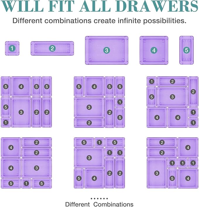 StorMiracle 16 PCS Drawer Organizer Set, 5 Varied Size Bathroom and kitchen Drawer cabinet organizer Trays, Clear Storage Bins for Makeup, Jewelry, Utensils and Gadgets, Purple