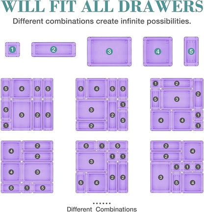 StorMiracle 25 PCS Drawer Organizer Set, 4 Varied Size Bathroom and kitchen Drawer cabinet organizer Trays, Clear Storage Bins for Makeup, Jewelry, Utensils and Gadgets， Purple