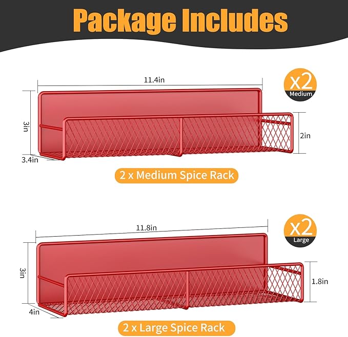 DTUQYX Magnetic Spice Rack for Refrigerator, 4 Pack 100% Metal Strong Magnet Fridge Shelves, Space Saving Spice Organizer, No Drilling Moveable Home Kitchen Laundry Room Storage Organization, Red