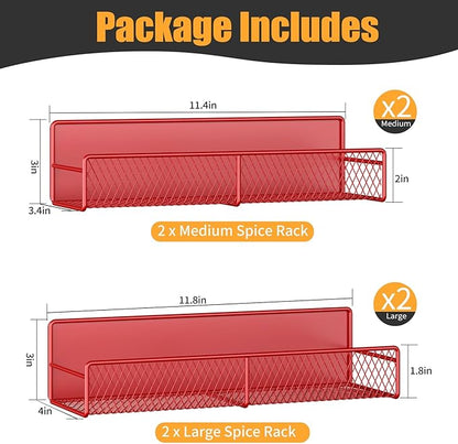 DTUQYX Magnetic Spice Rack for Refrigerator, 4 Pack 100% Metal Strong Magnet Fridge Shelves, Space Saving Spice Organizer, No Drilling Moveable Home Kitchen Laundry Room Storage Organization, Red