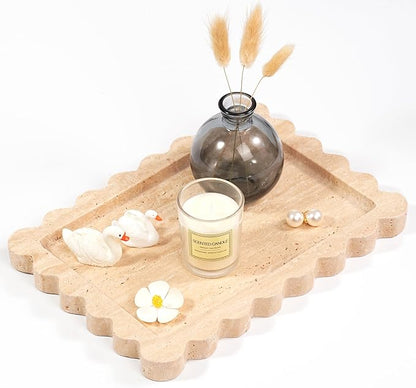 Scalloped Travertine Marble Tray - Large Home Decorative Stone Vanity Perfume Plates for Bathroom Accessories Coffee Table, Dresser Dish for Kitchen Countertop (10.6" x 7.4"x 0.8")