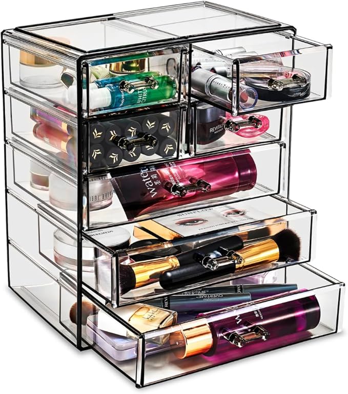 Sorbus Acrylic Makeup Organizer Set, 7-Drawer Vanity & Countertop Cosmetic Storage with Small & Wide Drawers, Black Jewel Makeup Storage for Brushes, Lipsticks, Jewelry, Holiday Gift for Women & Teens