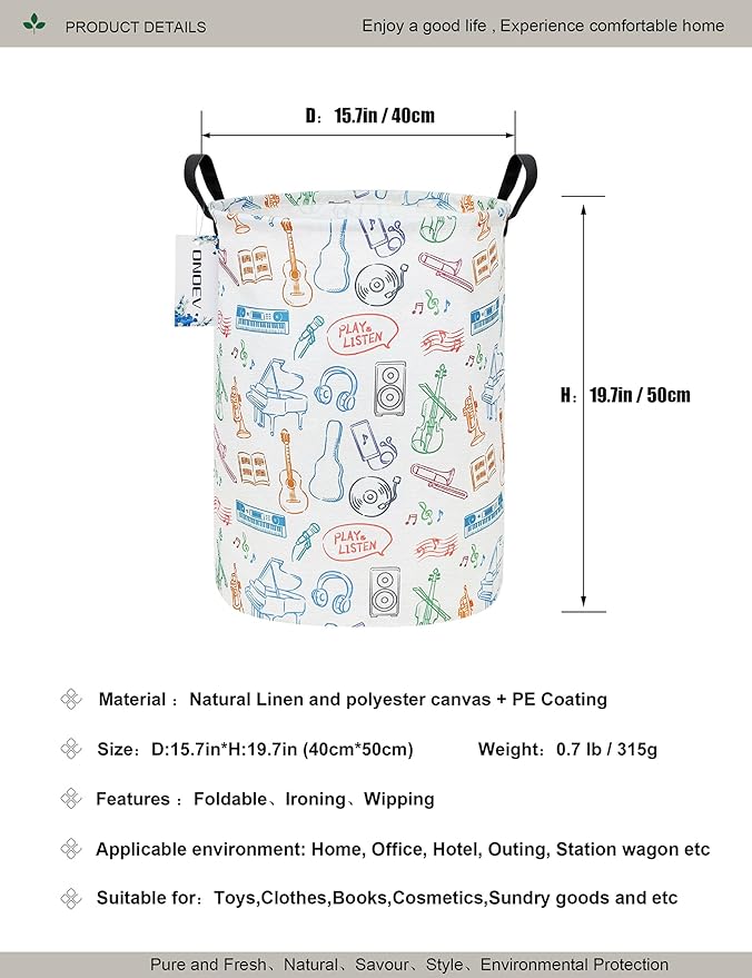 Round Waterproof Laundry Basket,Gift Basket,Suitable for Children's Room and Toy Storage(Musical instrument)