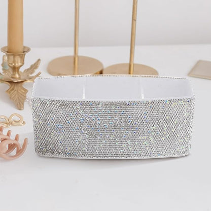 TEHAUX Bling Makeup Organizer for Vanity with 3 Compartments Rectangular Cosmetic Storage Box for Desk Makeup Brushes Lipsticks - Elegant Rhinestone Design 2.87 X 7.28 X 2.87 Inches