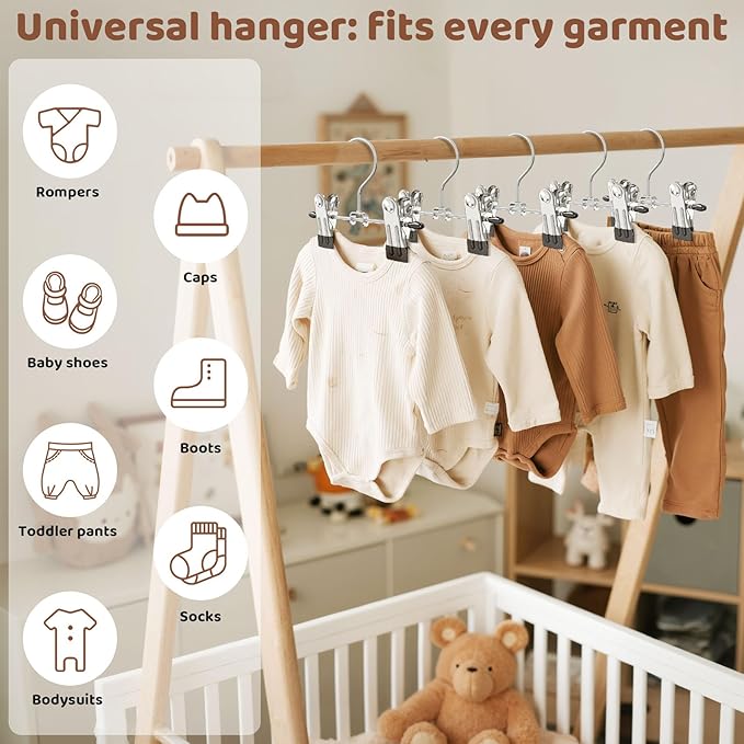 12 Pack Baby Hangers with Clips, 360°Rotatable Toddler Pant Hangers with Clips, Non-Slip Space Saving Kids Hanger for Newborn Children Clothes Skirts Boots Closet Organizers, Black