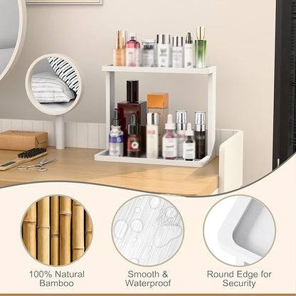 PEKER Bamboo Bathroom Organizer Countertop – Small Vanity Storage Shelf for Makeup, Perfume, Skincare – Natural Cosmetics Display Rack for Dresser, Sink, Kitchen –White