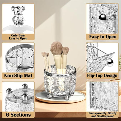 Makeup Brush Holder Organizer with Lid, 360°Rotating Dustproof Makeup Brushes Organizer, 4 Compartment Make Up Brushes Cup for Vanity Desktop Bathroom Countertop (Transparent)