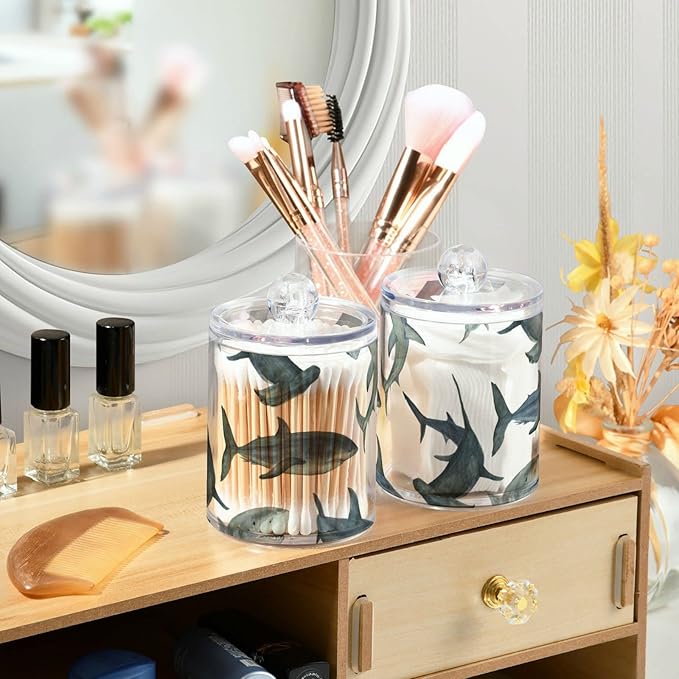 2 Pack Watercolor Sharks Apothecary Jars with Lid, Qtip Holder Storage Jars for Cotton Ball, Cotton Swab, Cotton Round Pads, Clear Plastic Canisters for Bathroom Vanity Organization (10 Oz)