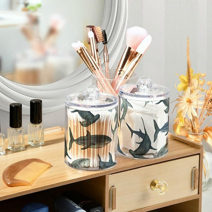 2 Pack Watercolor Sharks Apothecary Jars with Lid, Qtip Holder Storage Jars for Cotton Ball, Cotton Swab, Cotton Round Pads, Clear Plastic Canisters for Bathroom Vanity Organization (10 Oz)