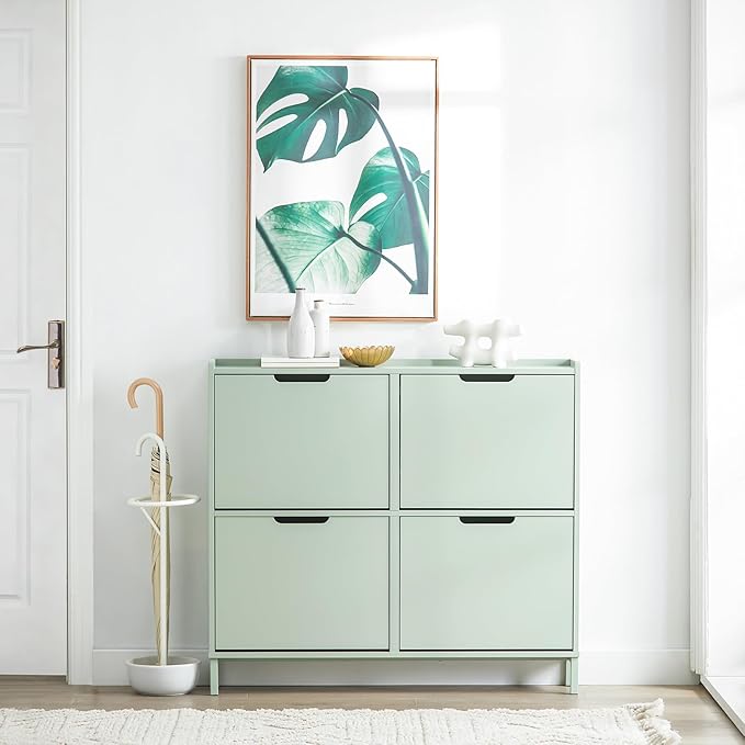 Haotian Green Shoe Cabinet with 4 Flip-Drawers, Narrow Freestanding Shoe Rack, Slim Shoe Organiazer for Entryway Hallway Mudroom(7.5" D x 39.4" W x 35.8" H) FSR100-GR
