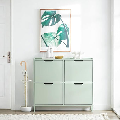 Haotian Green Shoe Cabinet with 4 Flip-Drawers, Narrow Freestanding Shoe Rack, Slim Shoe Organiazer for Entryway Hallway Mudroom(7.5" D x 39.4" W x 35.8" H) FSR100-GR