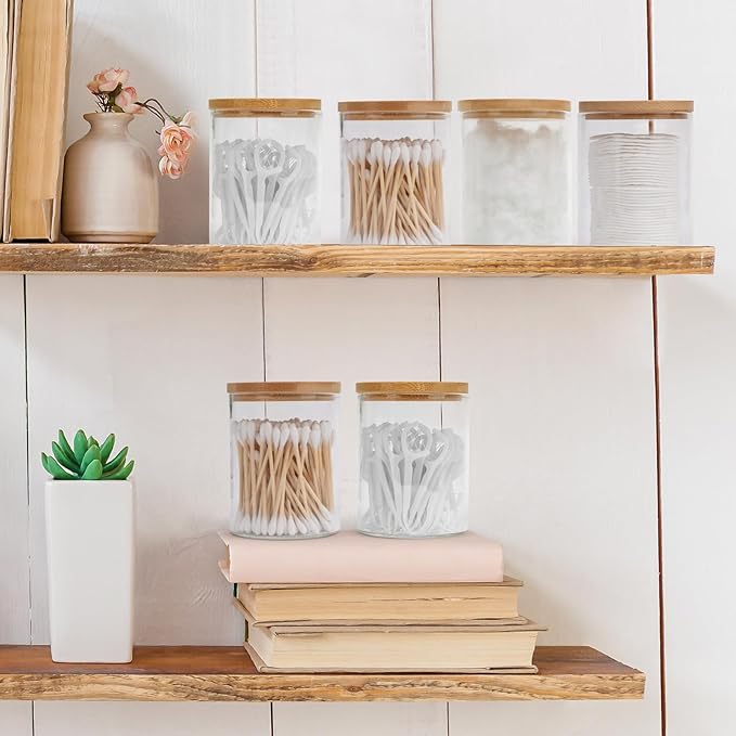 BKYFPQ 6 Pack Glass Qtip Holder Dispenser Set - Apothecary Jars with Lids for Vanity Makeup Organizer - Bathroom Canister Storage Organizer